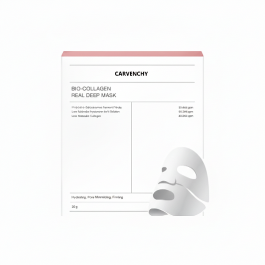 Carvenchy Bio-Collagen Real Deep Mask overnight box with a white sheet mask illustration for deep hydration.