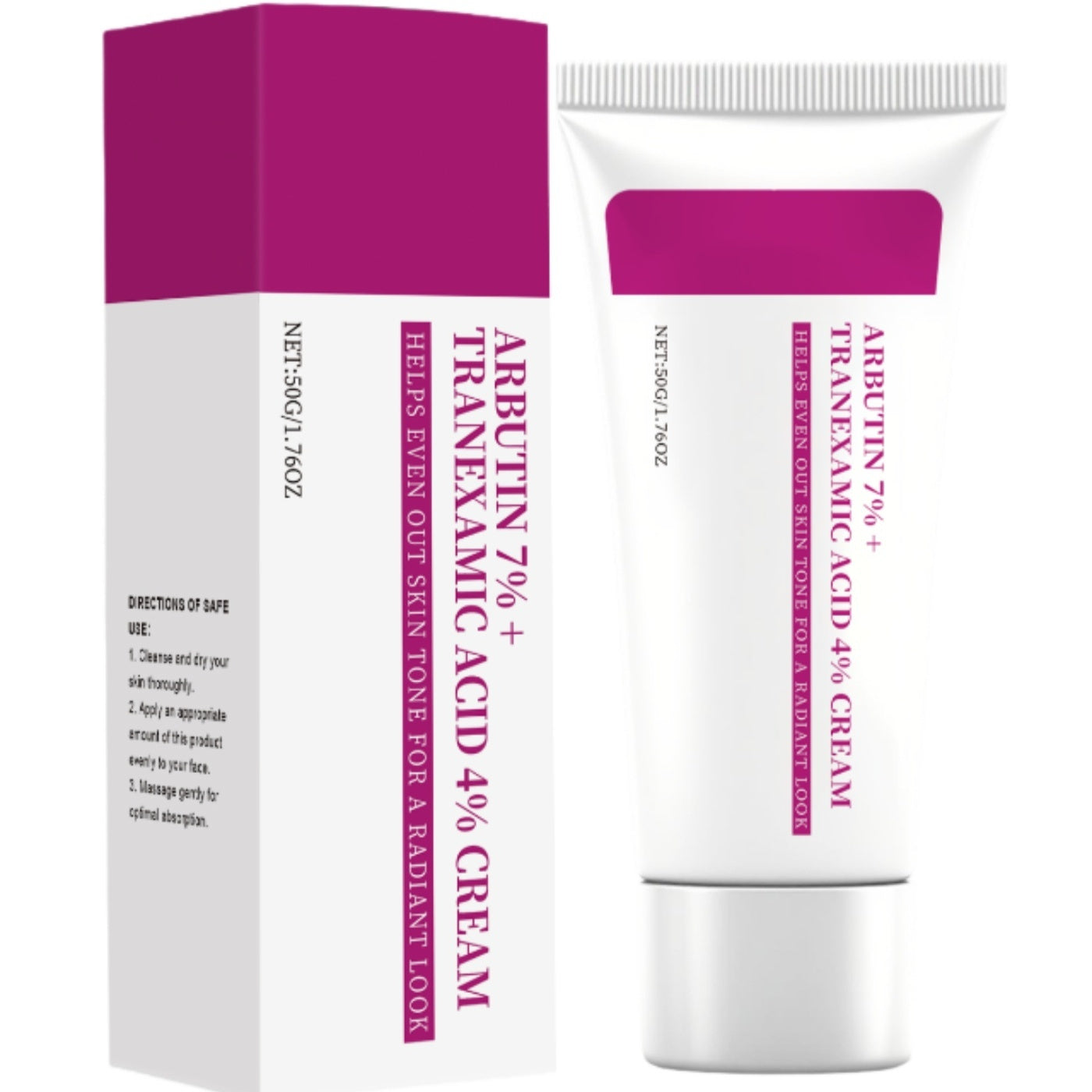 Arbutin Skincare Cream box and tube, 7% Arbutin + 4% Tranexamic Acid, brightening formula, 50ml