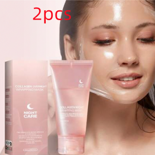 Pink Collagen Night Wrapping Mask kit with free brush, tube and box beside a woman wearing a clear night mask.