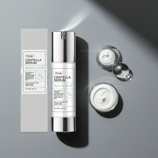 Centella Asiatica care serum and firming moisturizer in sleek silver packaging.