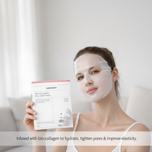 Woman in sheet mask holds Carvenchy Bio-Collagen Overnight Mask box for deep hydration with collagen peptides.