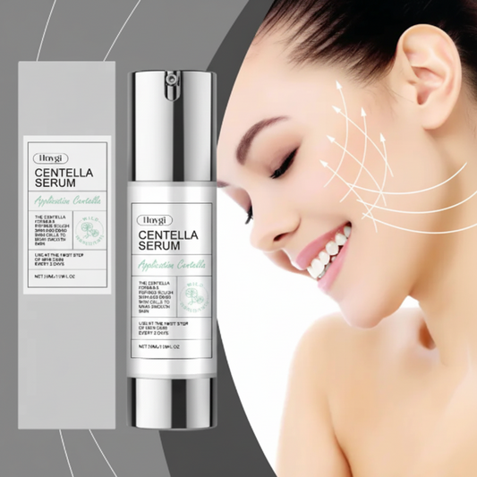 Centella Asiatica Care Solution serum bottle and box beside a smiling model, showing firming, hydrating skincare.
