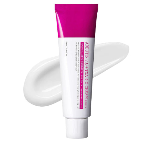 Arbutin Skincare Cream tube with pink cap; brightening cream targets dark spots and uneven skin tone, 50ml.